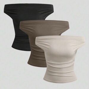 NWOT Elegant Off Shoulder Set of 3 Tops - Black, Brown, and Beige